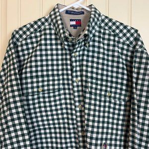 Tommy Hilfiger Flannel Shirt Size L Hunter Green White, Checked, Long Sleeve